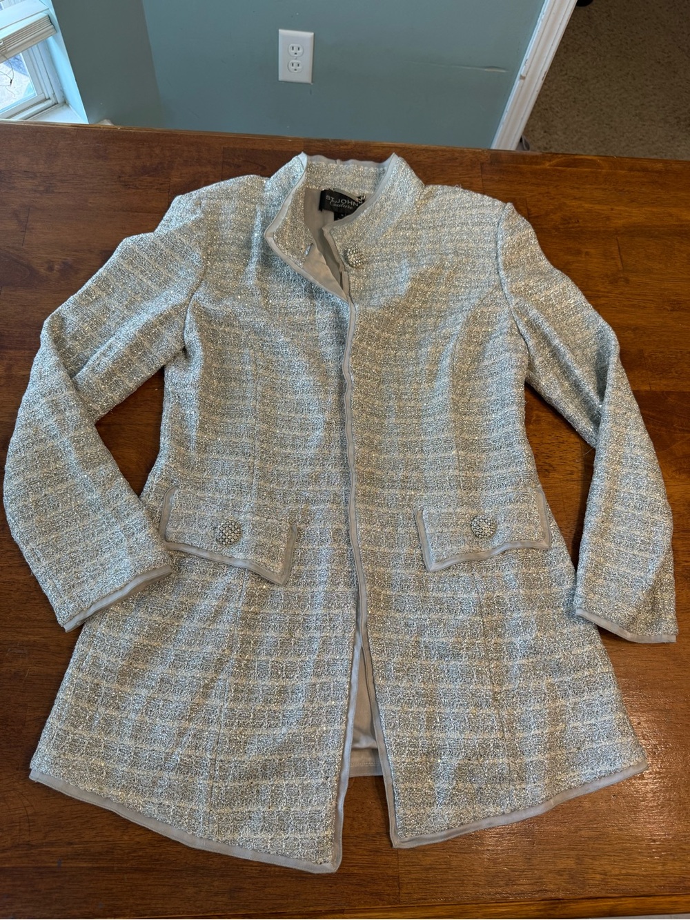St. John Couture Metallic Tweed Long Knit Evening Jacket Coat Crystal Buttons 10